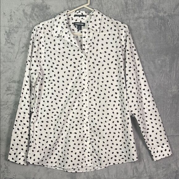 Lands End White Brown Polka Dot Collared Button Up Front Shirt Blouse Size 16 T - Picture 1 of 10